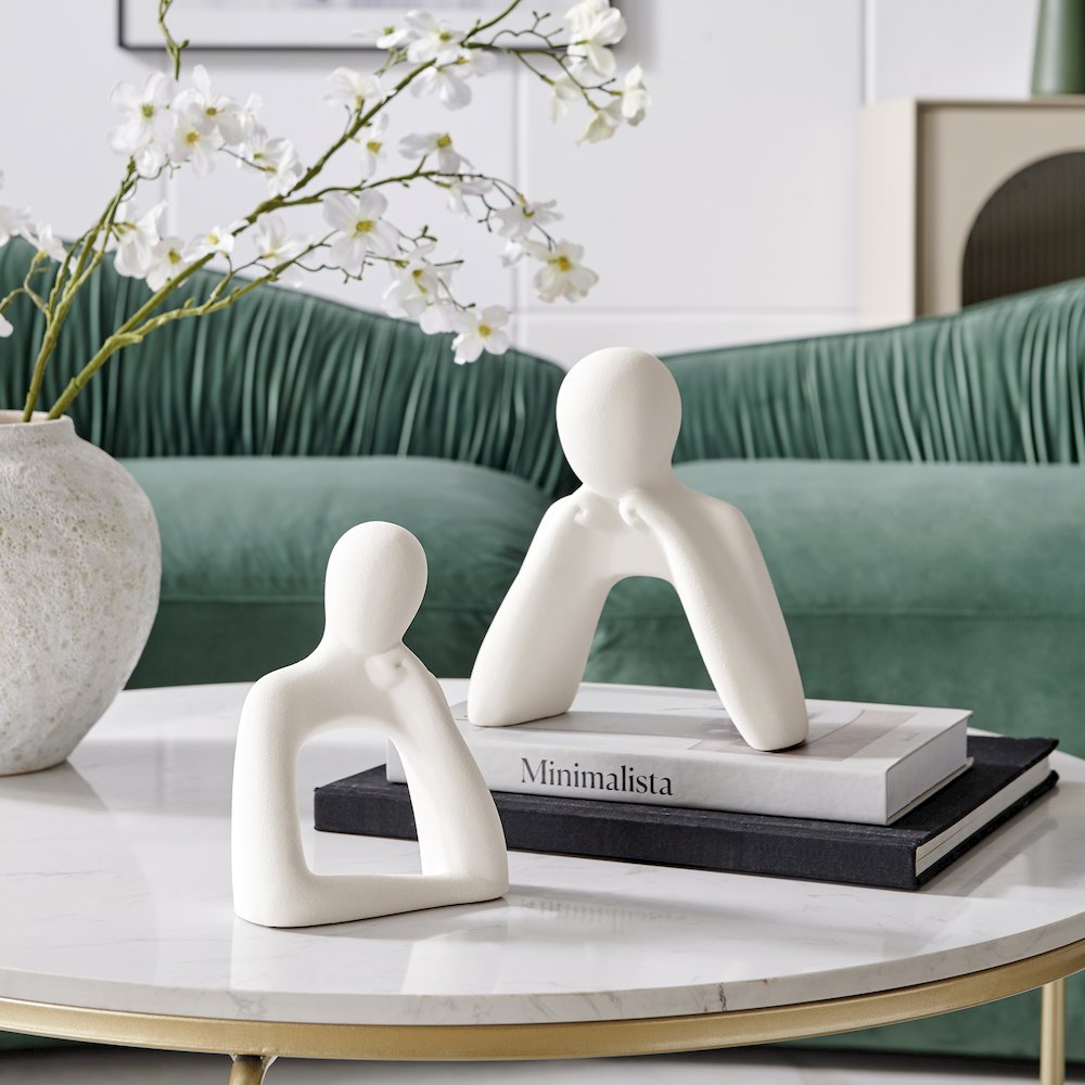 Hans Tanka Cream Abstract 2 Piece Thinking Couple Matte Ceramic Sculptures Set. Picture 3