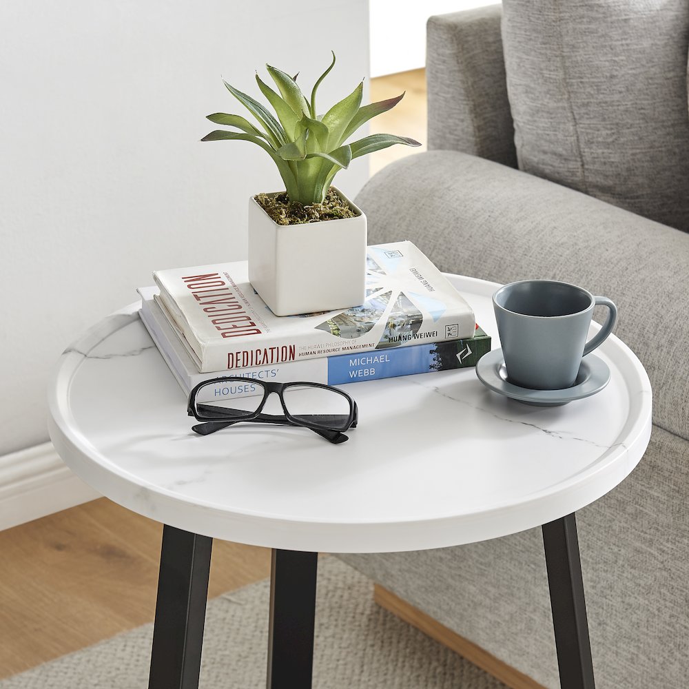 Harper Midcentury Round Raised Lip Edge Side Accent Table - White Marble/Black. Picture 10