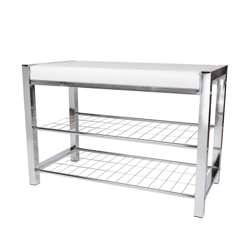 White Leatherette Storage Entryway Bench with Chrome Frame. Picture 7