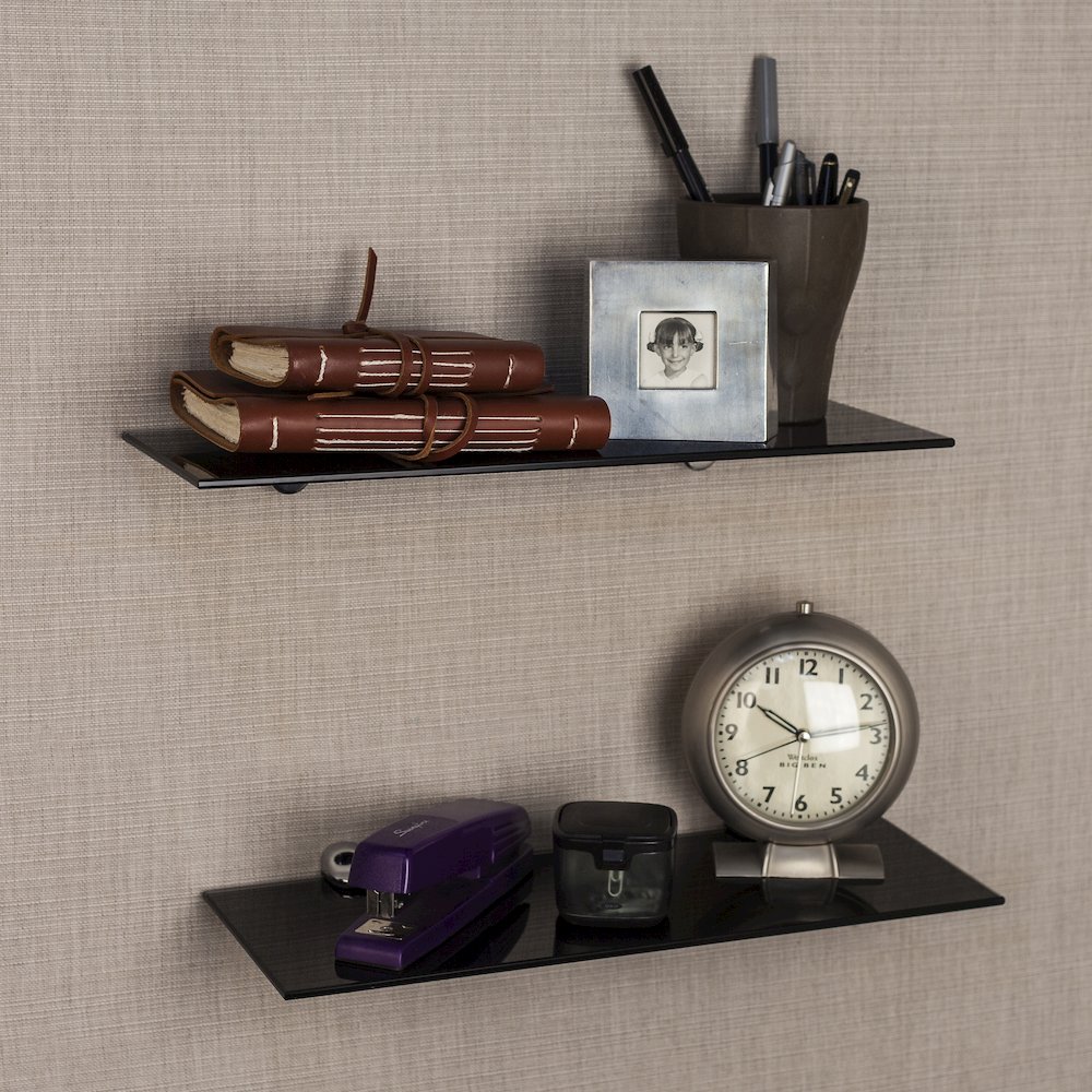 Set of 2 Black Smoke Glass Floating Shelves with Chrome Brackets 16 x 6". Picture 3