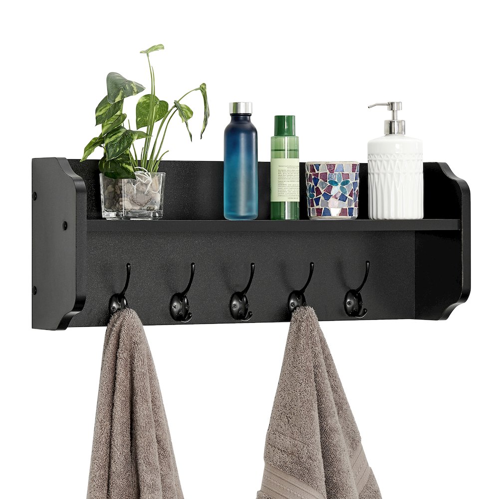 Entryway Floating Utility Wall Shelf with Hooks – Wall Mounted - Black. Picture 12
