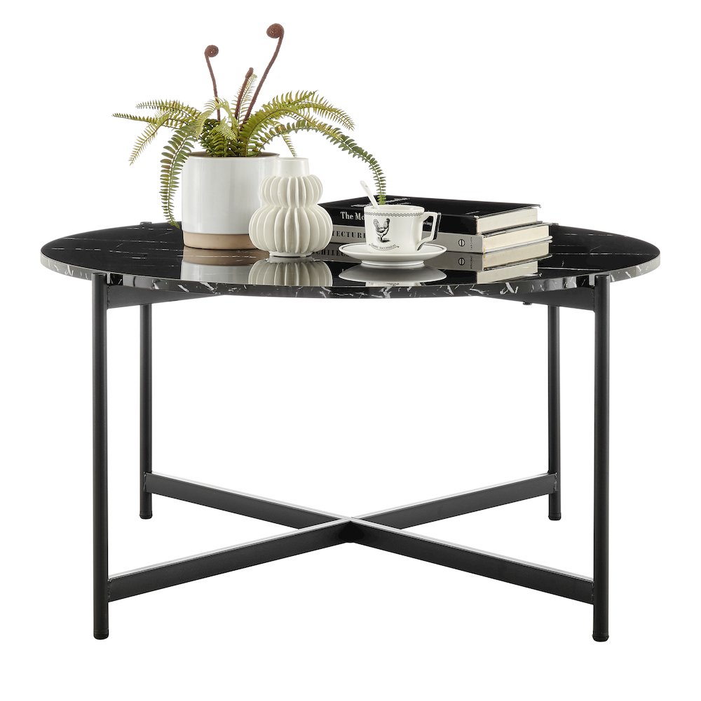 Round Marble Finish Veneer Top Black Metal Large Coffee Table - Black Marble. Picture 11