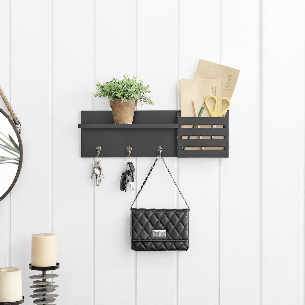 Utility Shelf with Pocket and Hanging Hooks - Black. Picture 2