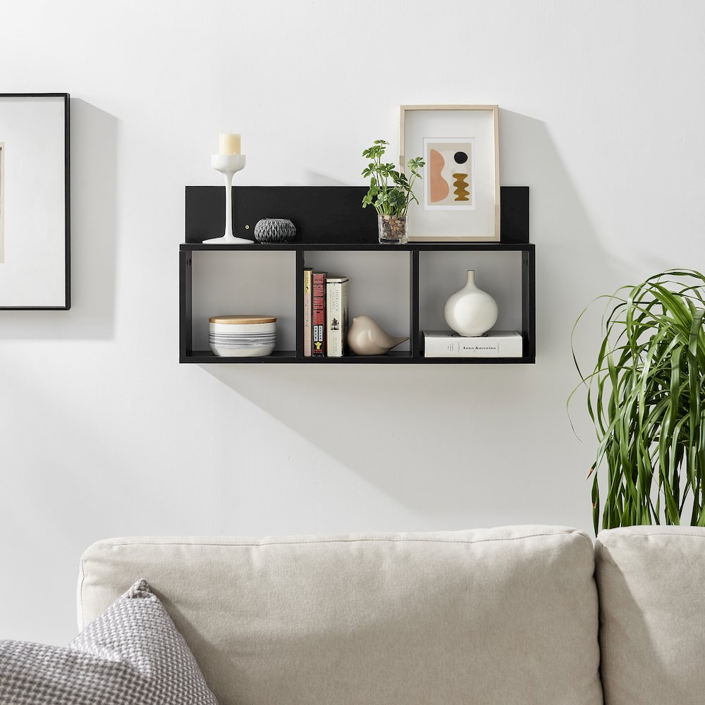 Modern 3 Cube Floating Cubby Wall Shelf with Display Ledge- Black. Picture 3