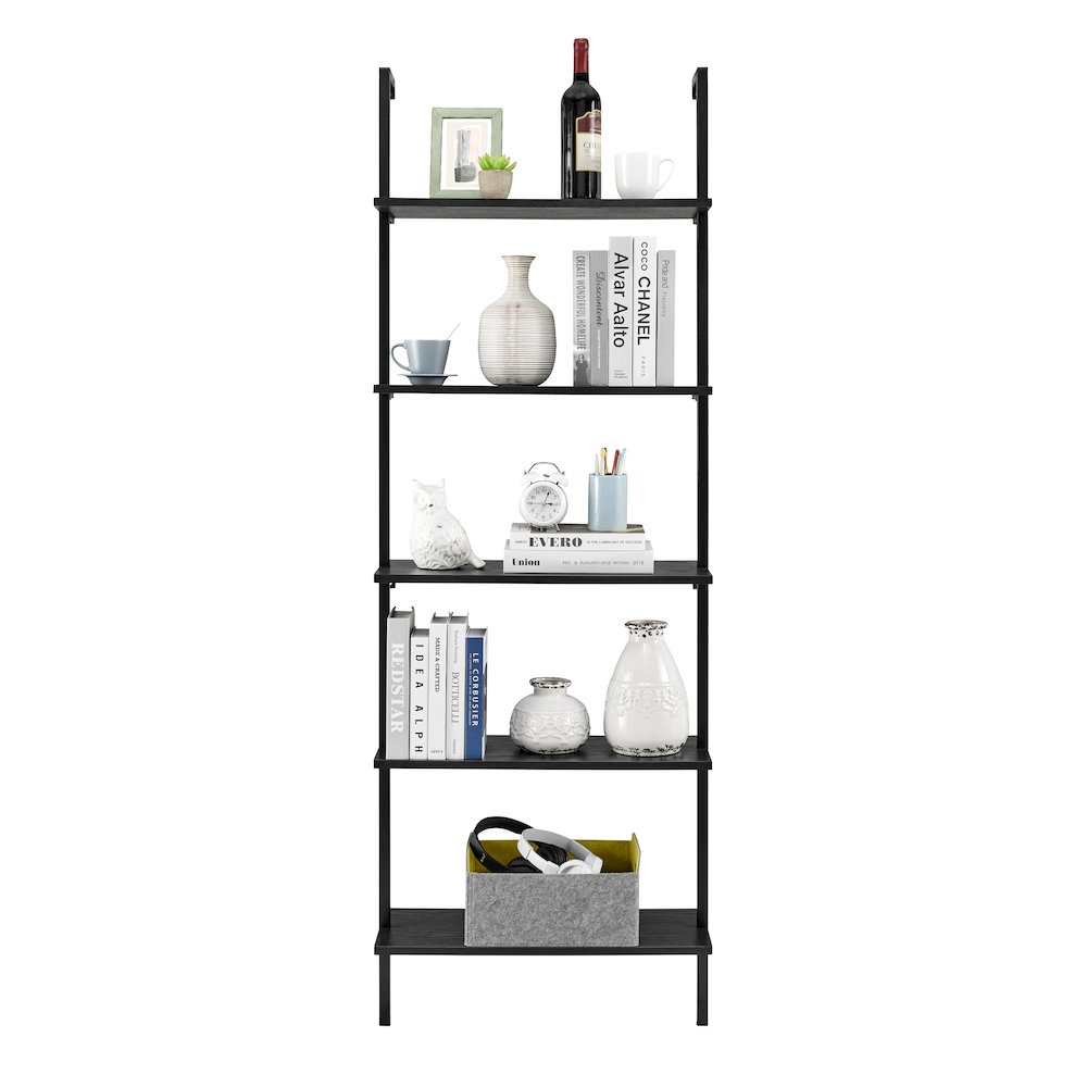 Everett 5-Tier Open Display Wall Mount Metal Frame Ladder Shelf - Black/Black. Picture 13