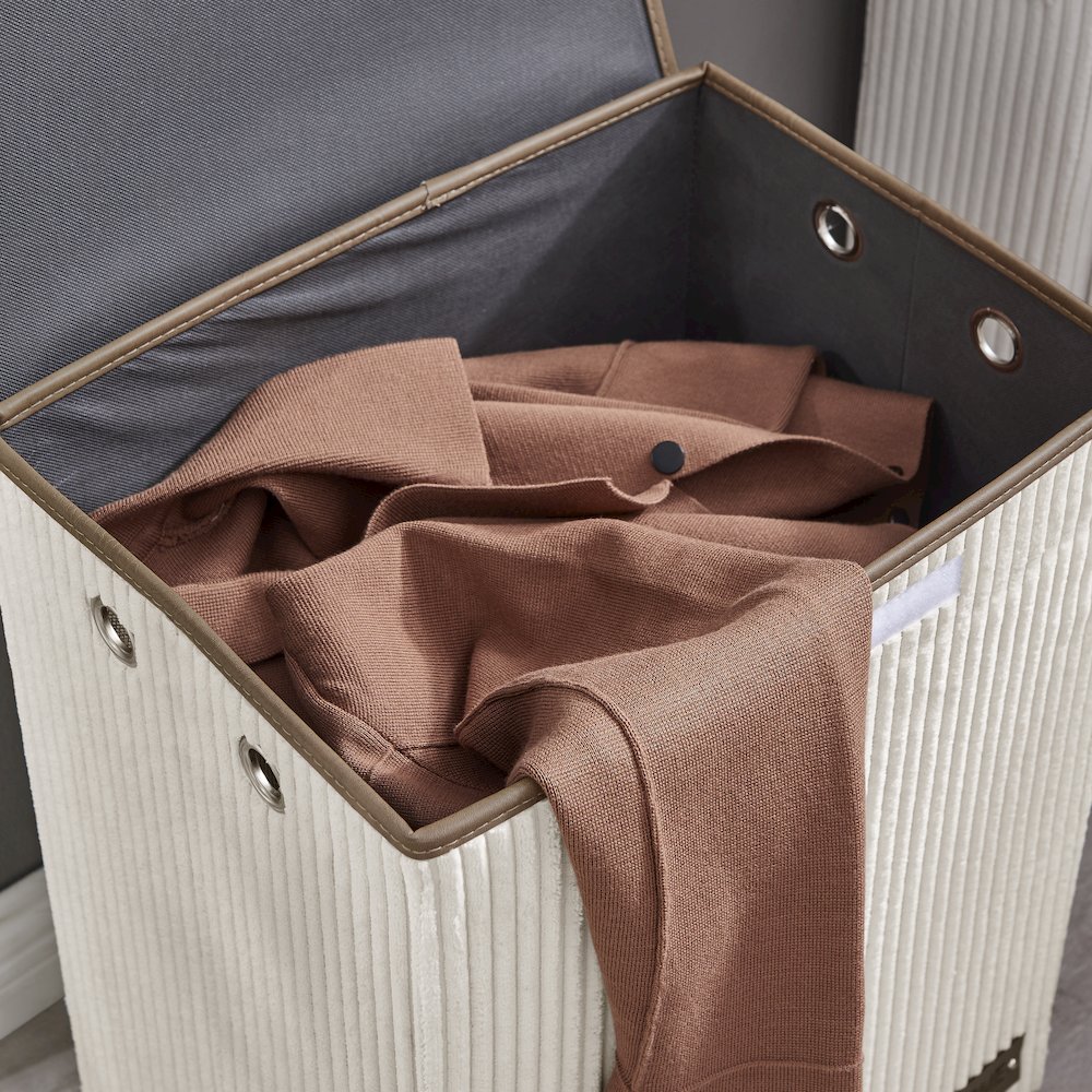 Collapsible Folding Corduroy Laundry Hamper Storage - Cream White. Picture 9