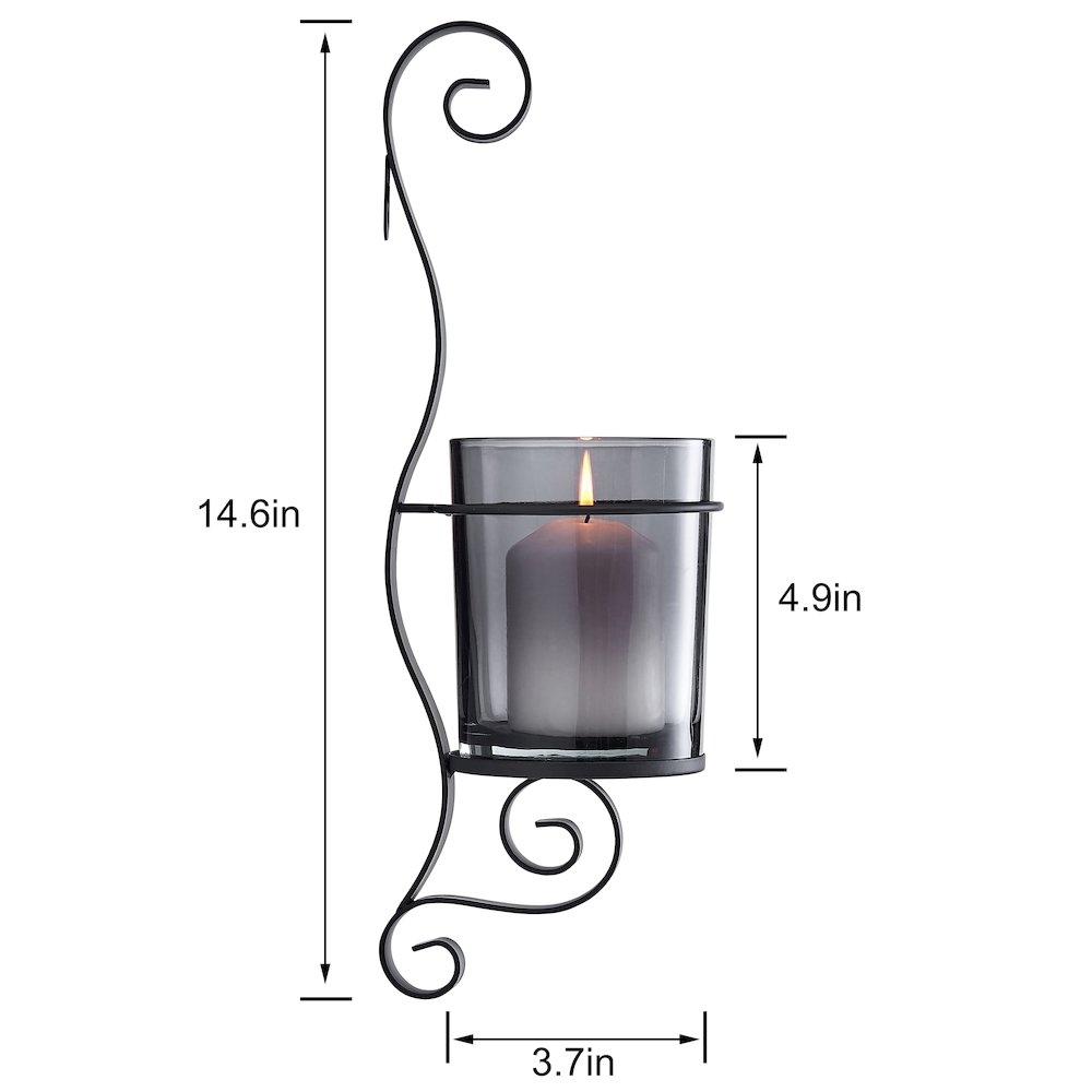 Vintage Black Wall Sconce Candle Holder Set (2) with Smoke Glass Hurricanes. Picture 7