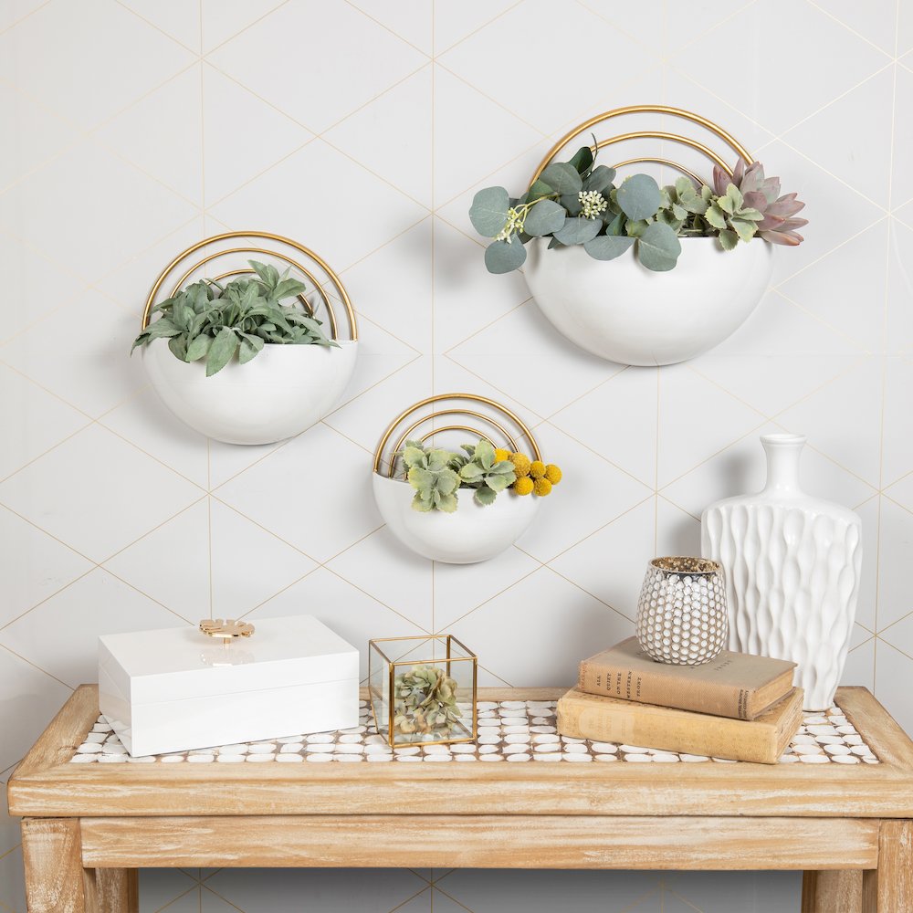 Crescent 3-Piece Metal Wall Planter Set - White with Gold Detail. Picture 2