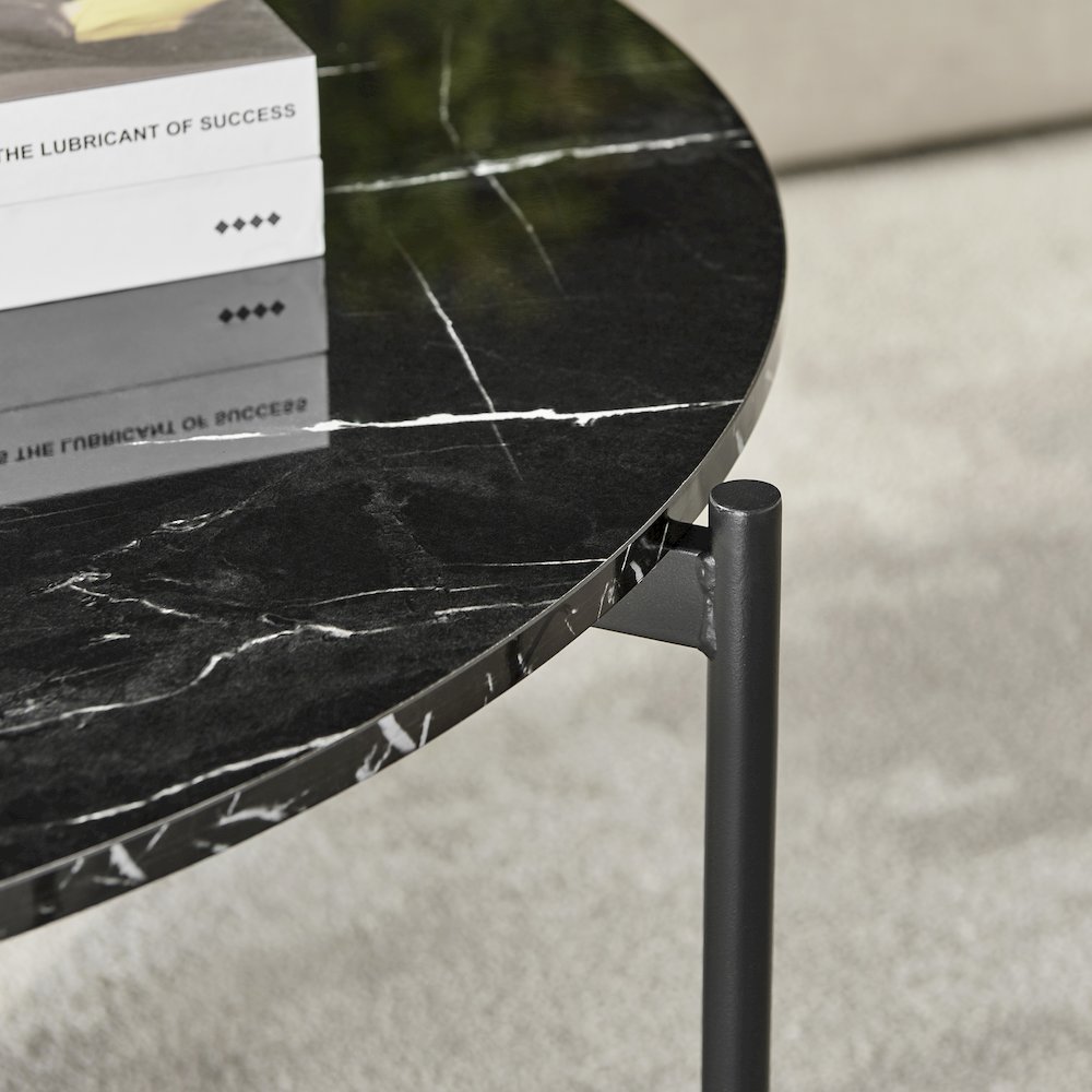 Round Marble Finish Veneer Top Black Metal Large Coffee Table - Black Marble. Picture 8