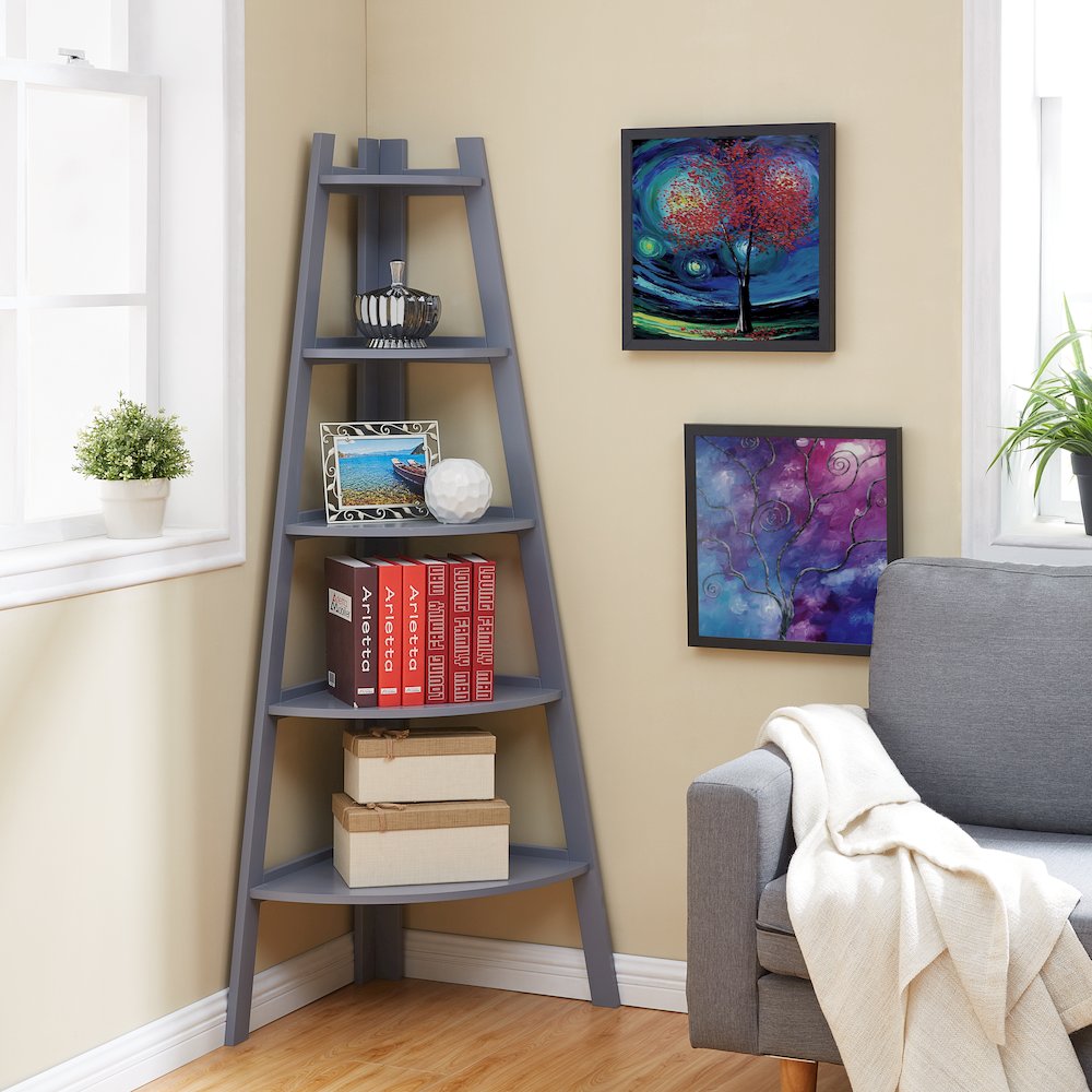 Decorative 5-Tier A-Frame Corner Ladder Display Bookcase –  Grey Finish. Picture 2