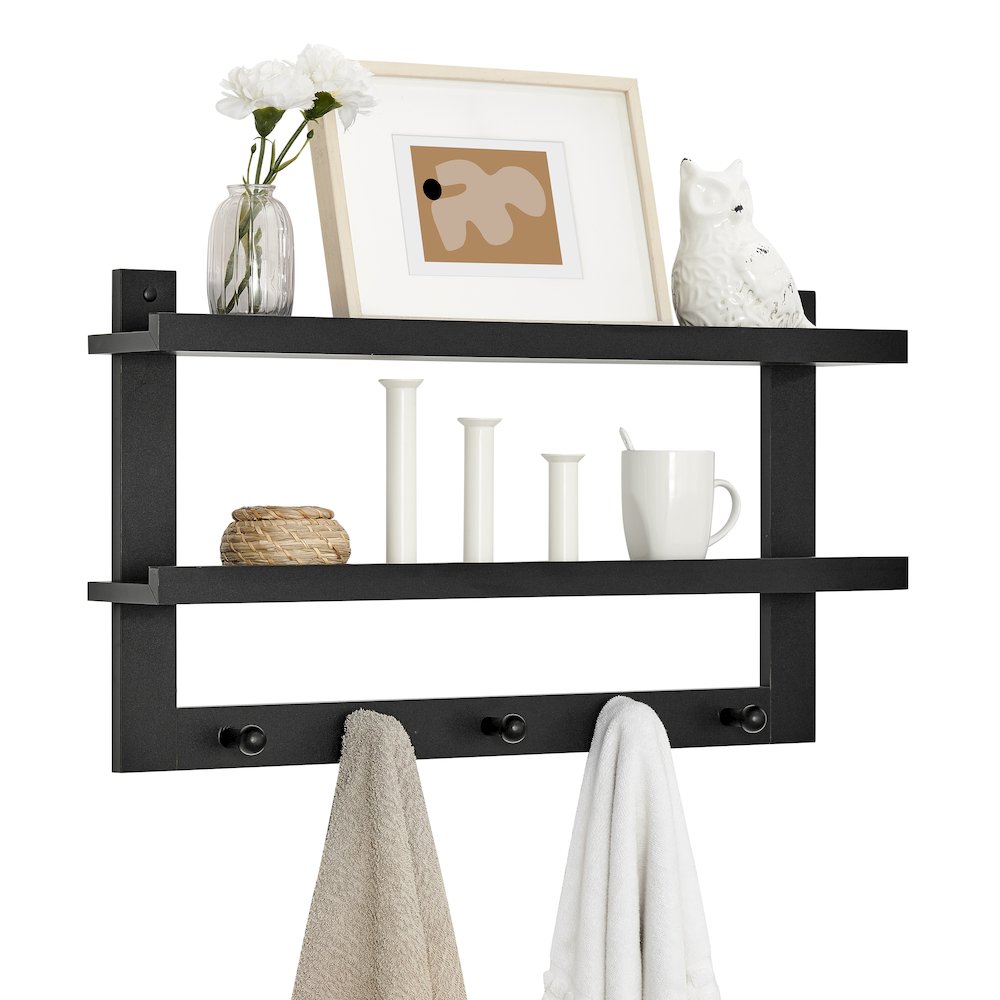 2-Tier Ledge Wall Shelf Organizer with 5 Hanging Coat or Towel Hooks - Black. Picture 11