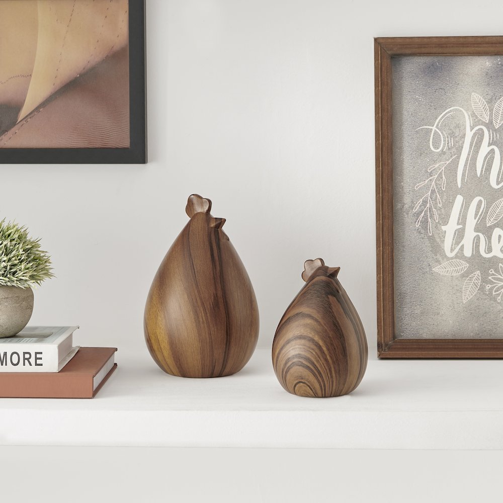 Hona Set of 2 Modern Walnut Finish Tabletop Hen Chicken Sculpture Figures. Picture 2