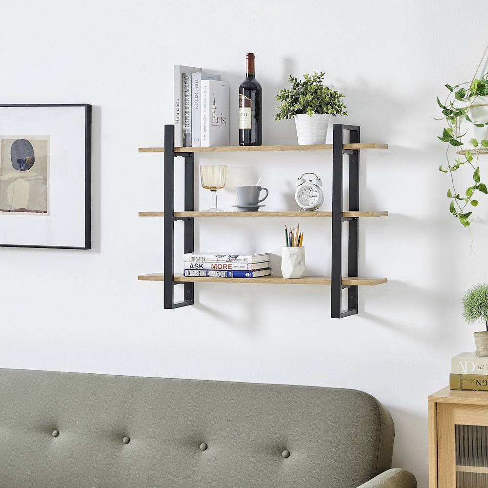 Rio Three Tier Floating Bracket Wall Shelf - Chestnut. Picture 3