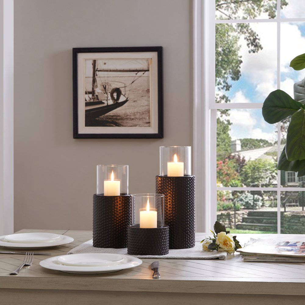 Candle Holder Set (3) With Clear Glass Hurricanes And Textured Metal Base. Picture 4