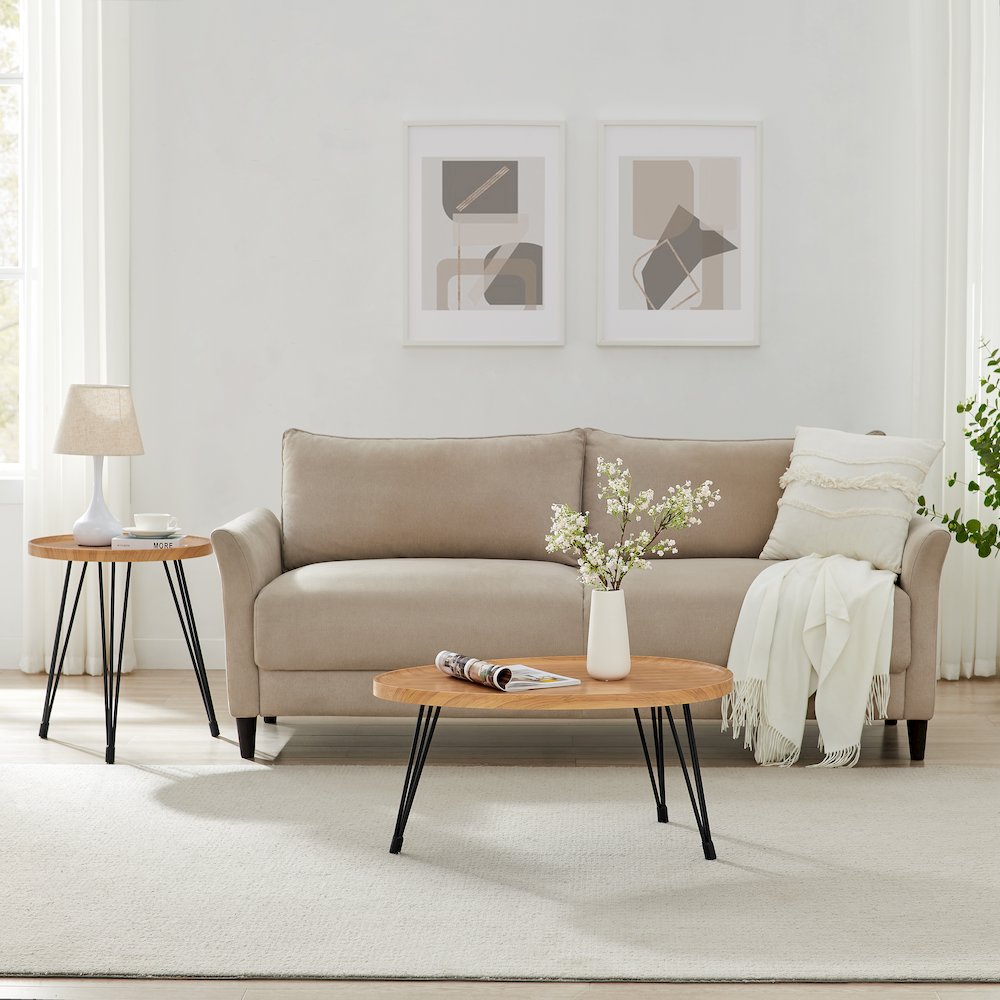 Tadao Raised Lip Edge Side Table with Black Metal Hairpin Legs - Round - Bamboo. Picture 6