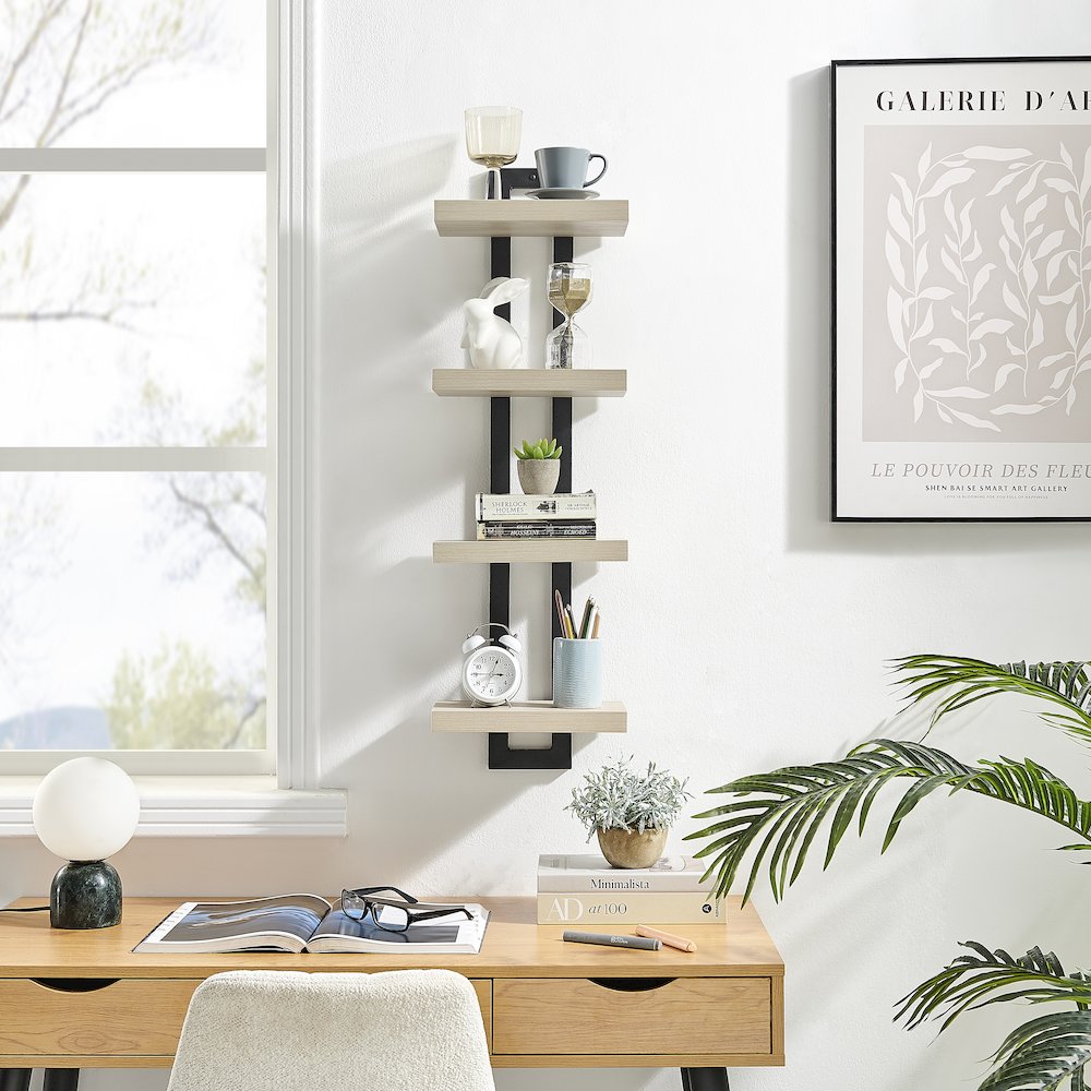 4-Tier Ladder Bracket Floating Wall Shelves - Black Metal and White Birch Finish. Picture 2