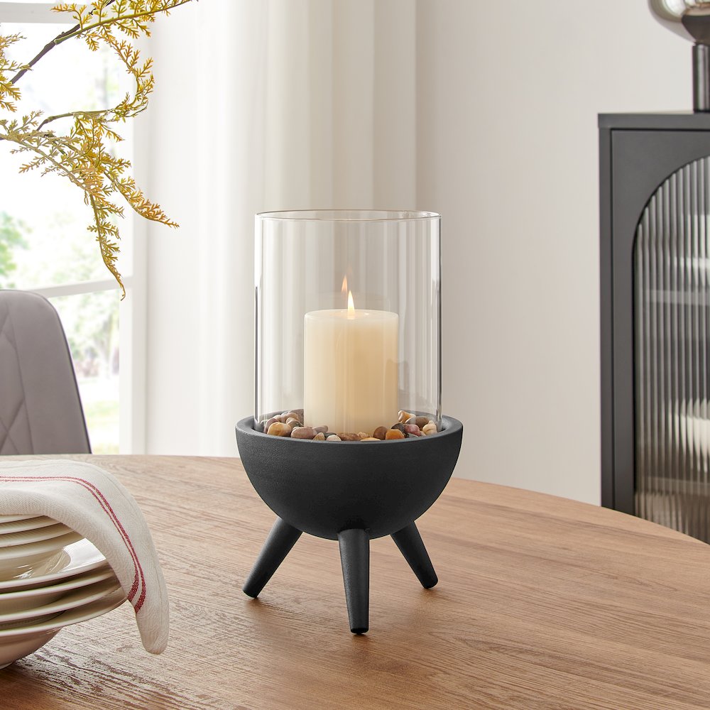 Molta Modern Black Metal Pedestal Glass Pillar Hurricane Candle Holder - Large. Picture 2