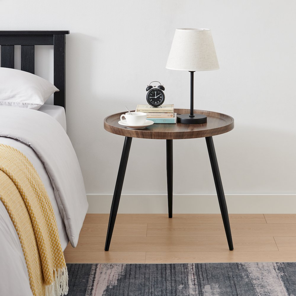 Paxton Raised Lip Edge Side Table Modern Black Metal Taper Legs - Round - Walnut. Picture 4