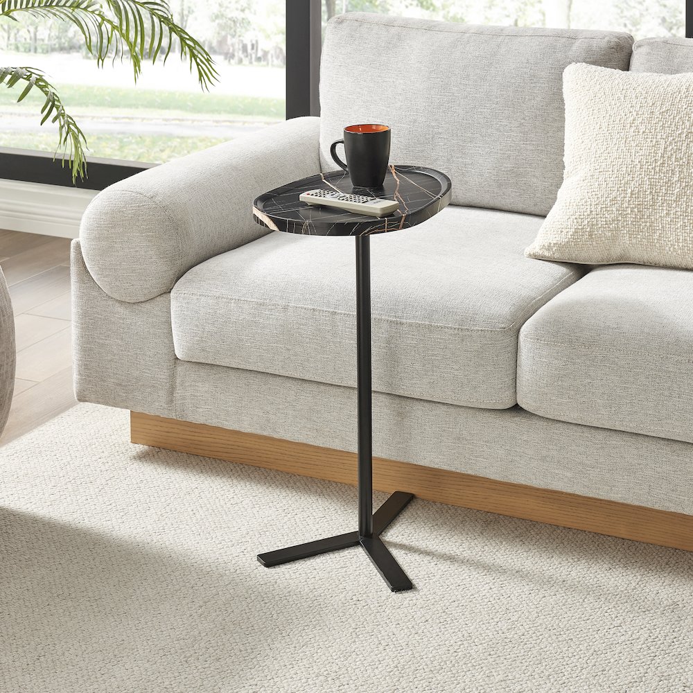Carter Oval Teardrop Couch-Side Accent C-Table Y-Shape Leg - Black Marble/Black. Picture 7