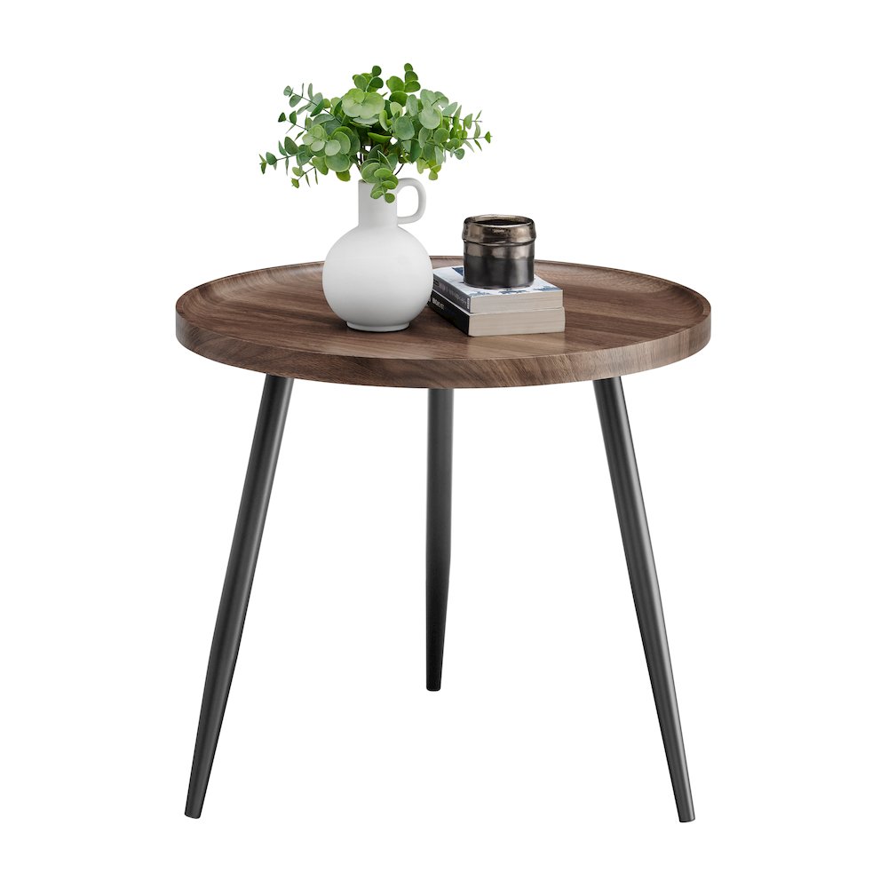 Paxton Raised Lip Edge Side Table Modern Black Metal Taper Legs - Round - Walnut. Picture 12