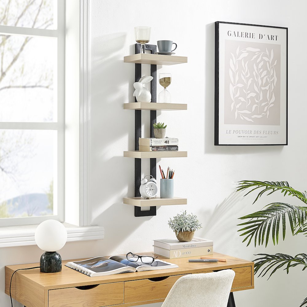 4-Tier Ladder Bracket Floating Wall Shelves - Black Metal and White Birch Finish. Picture 6