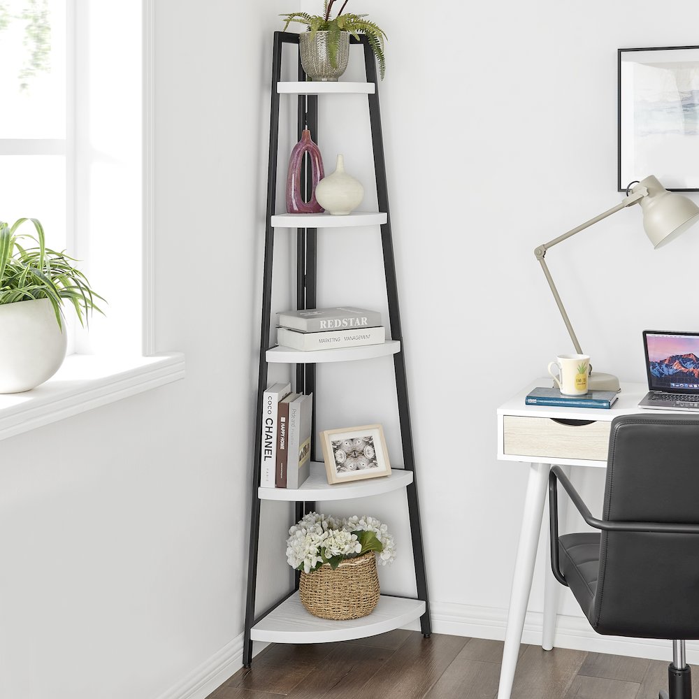 Free-Standing 5-Tier Pyramid Corner Shelf in Black Metal with White MDF Shelves. Picture 4