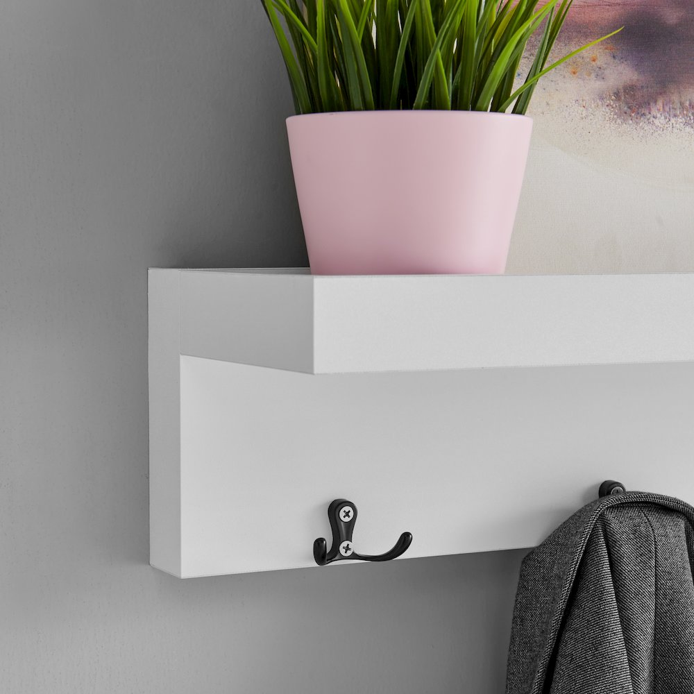 Wall Mounted Coat Rack with Decorative Ledge Shelf - White. Picture 3