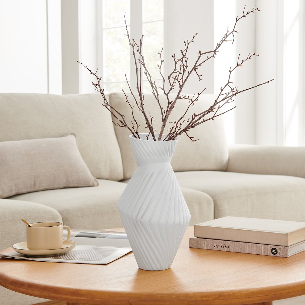 Eos Minimal White Contemporary Ribbed Angular Glass Tabletop Vase. Picture 3