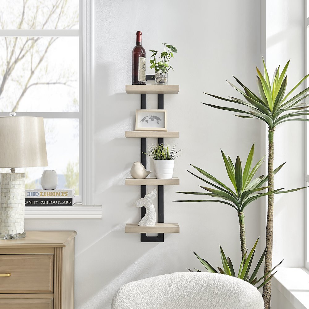 4-Tier Ladder Bracket Floating Wall Shelves - Black Metal and White Birch Finish. Picture 3