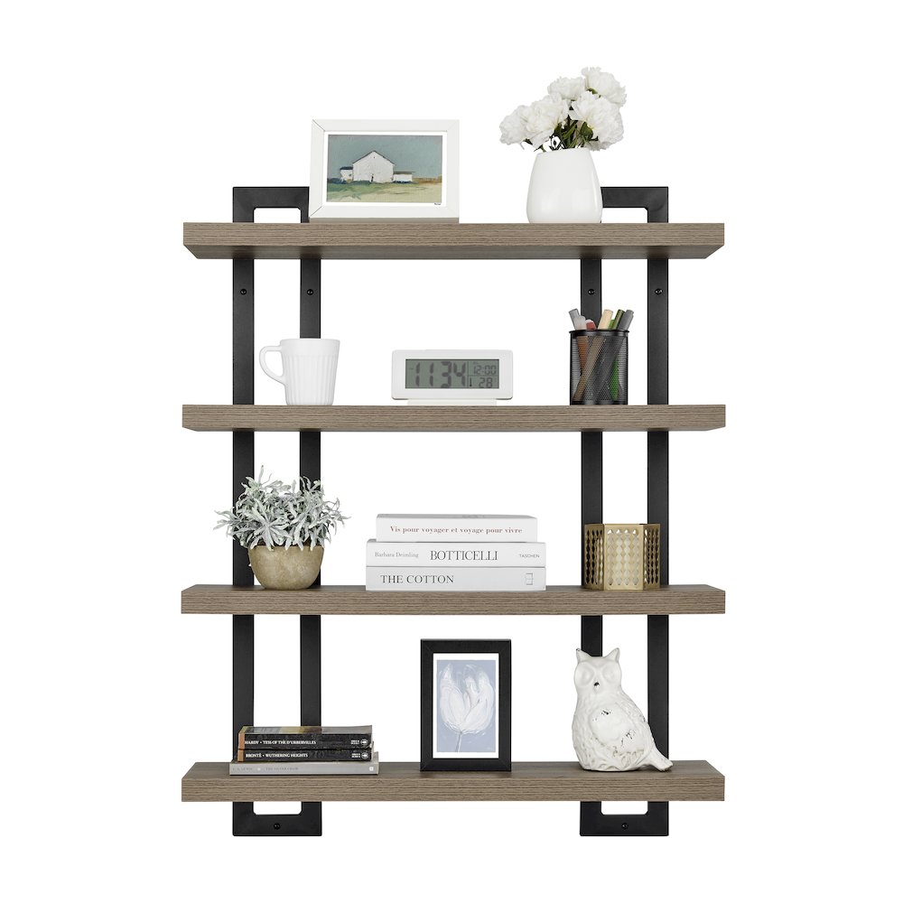 4-Tier Floating Bracket Wall Shelf - Black Metal and Walnut Finish. Picture 13