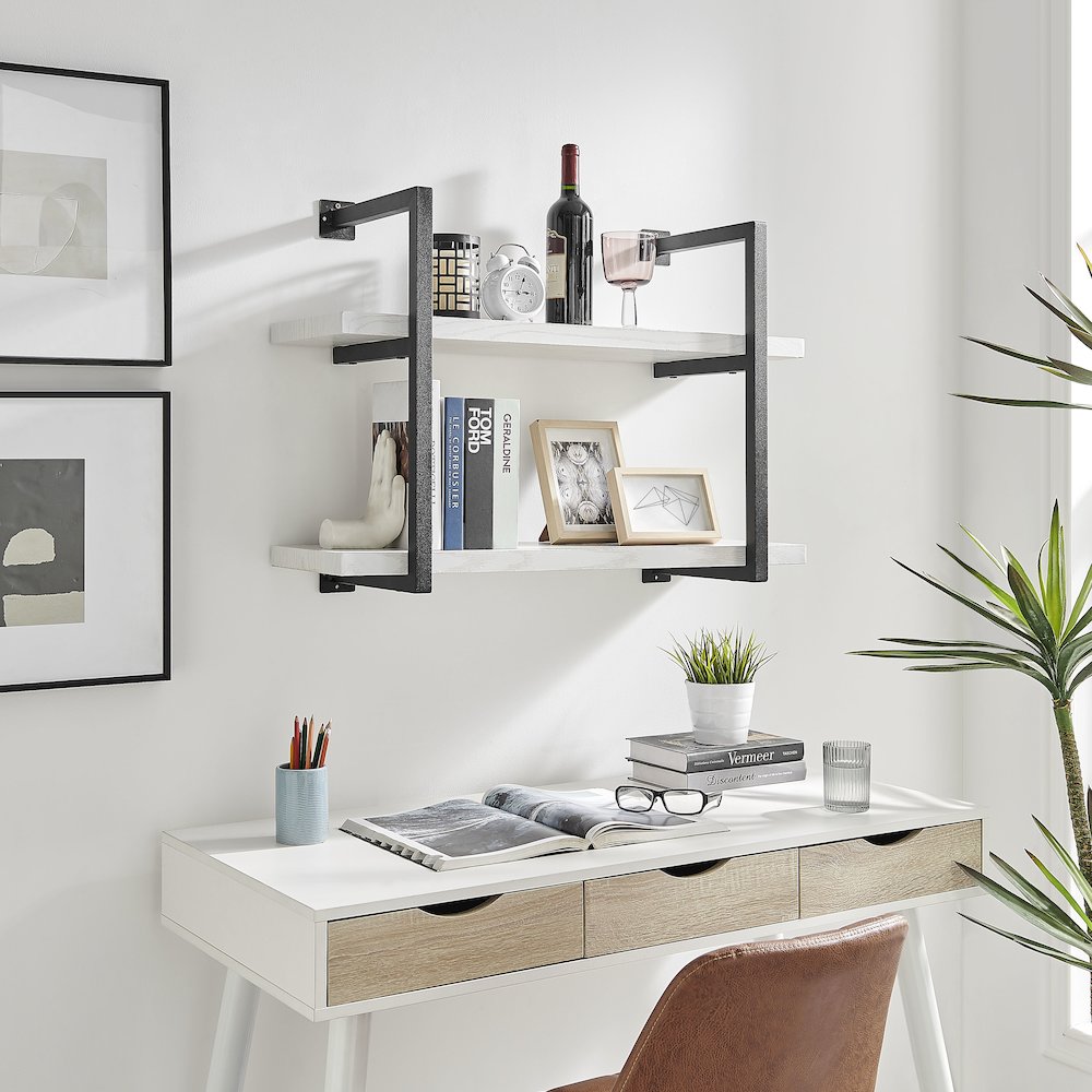 Modern 2-Tier Hanging Bracket Wall Shelves in Black Metal and White Birch Finish. Picture 6