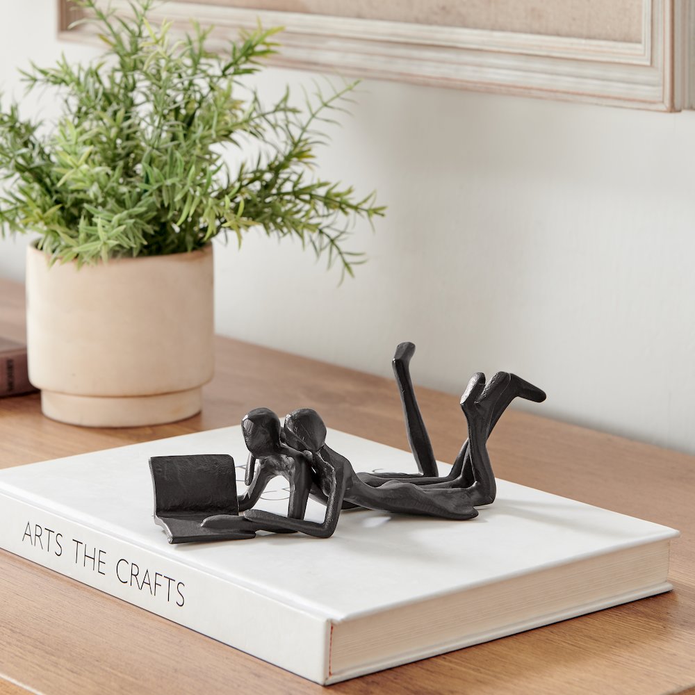 Brown Cast Iron Abstract Couple Reading Book Together Tabletop Sculpture. Picture 3