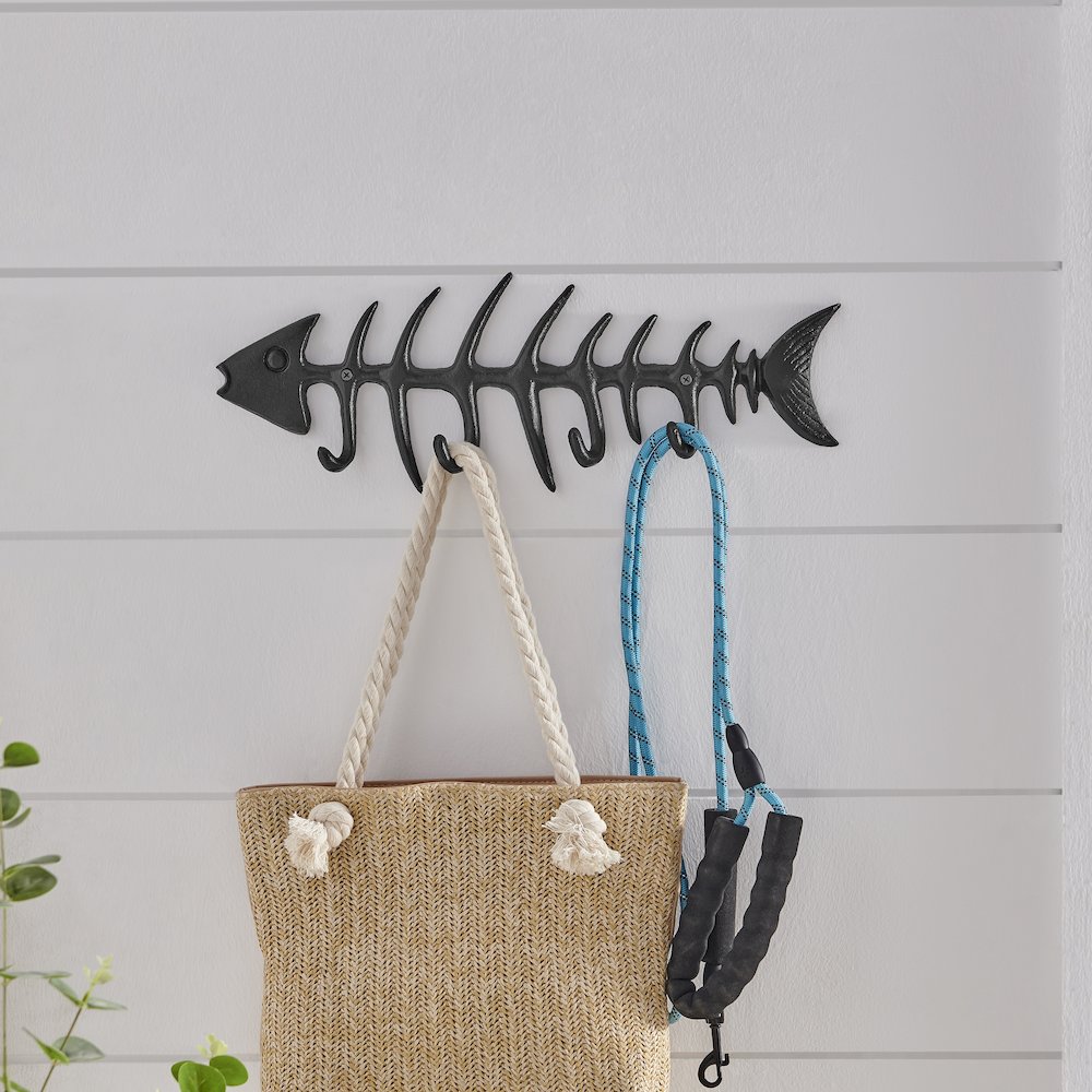 Dark Brown Cast Iron Fishbone Wall Sculpture Utility Hook Unit with 4 Hooks. Picture 2
