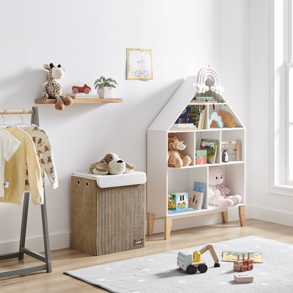 Collapsible Folding Corduroy Kids Plush Laundry Hamper Storage Brown/White Dog. Picture 4