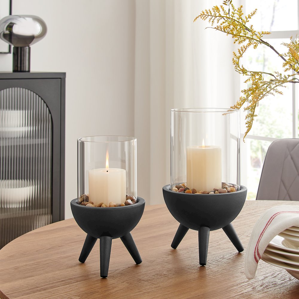 Molta Modern Black Metal Bold Pedestal Glass Pillar Votive Candle Holder - Small. Picture 9