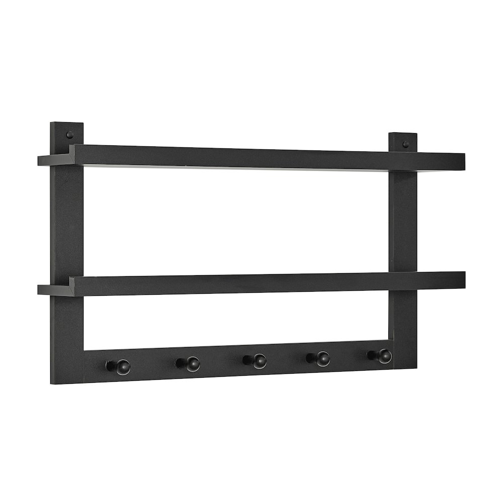 2-Tier Ledge Wall Shelf Organizer with 5 Hanging Coat or Towel Hooks - Black. Picture 12