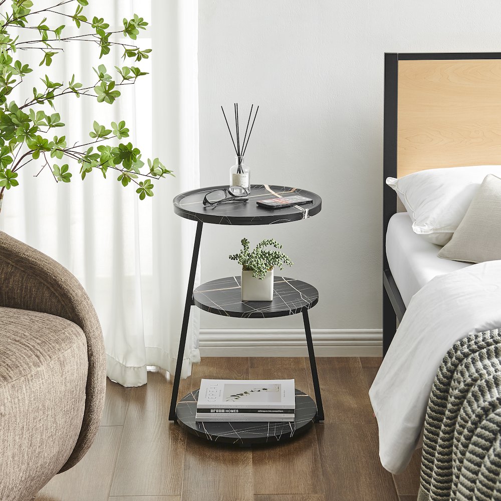Skylar Round 3-Tier Side Accent Table with Raised Lip Edge - Black Marble/Black. Picture 4