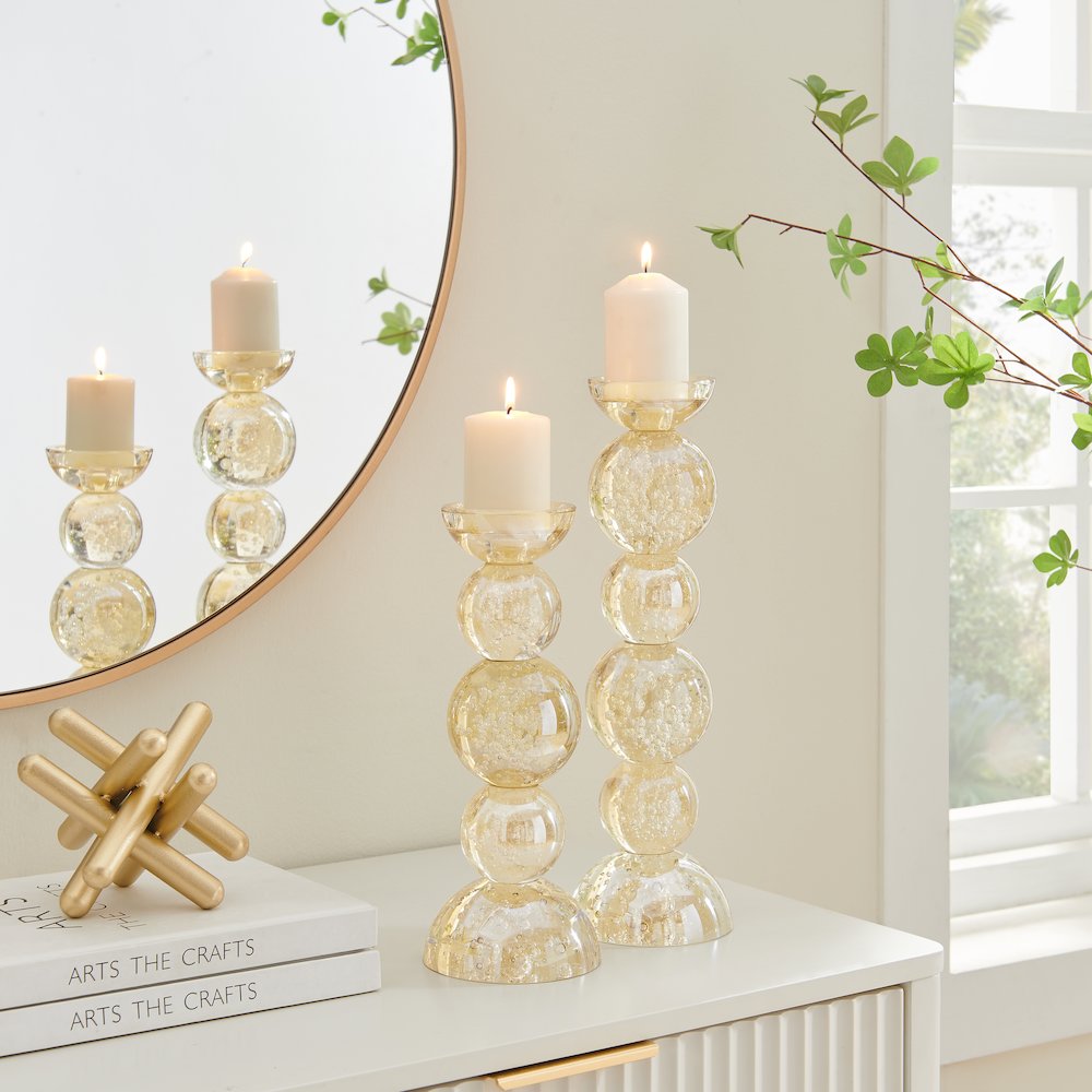Enya Champagne Gold Tint Bubble Glass Stacked Orb Pillar Candle Holder Set of 2. Picture 3