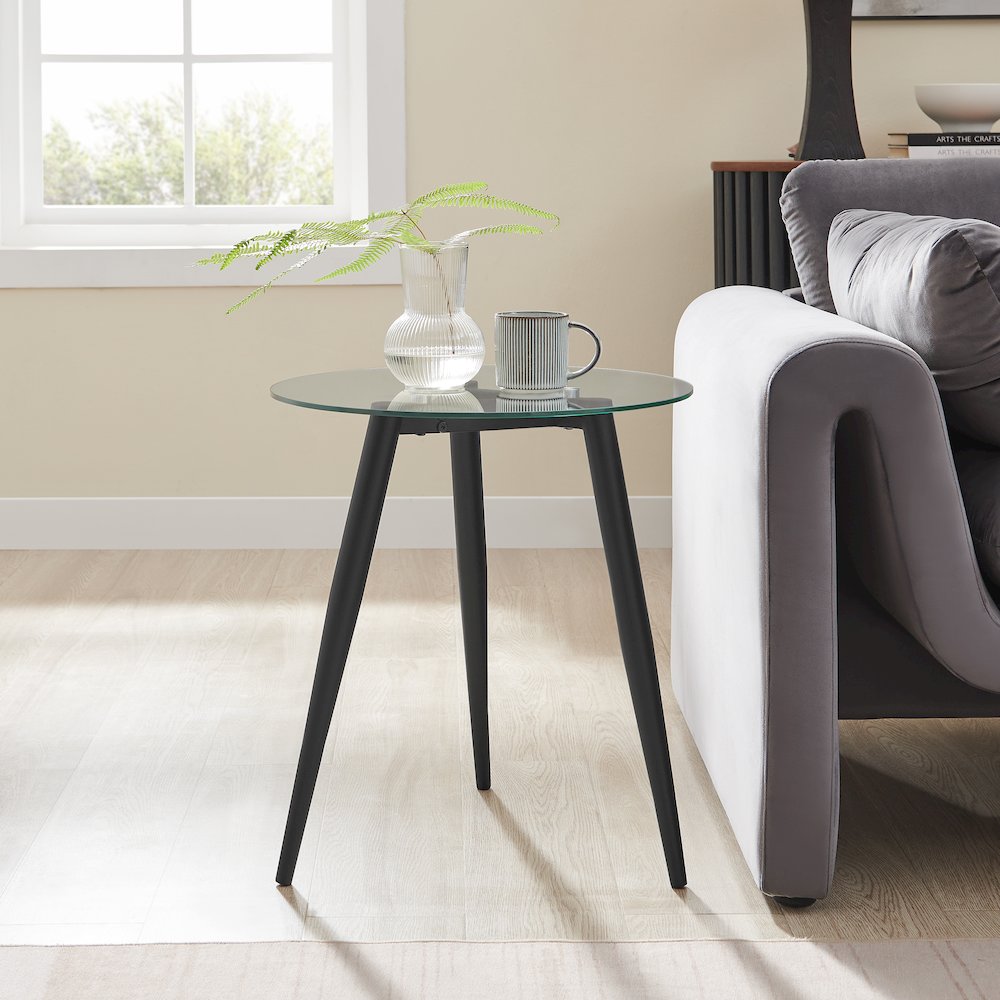 Van Beuren Side Table Modern Metal Taper Legs and Clear Glass Tabletop - Black. Picture 2