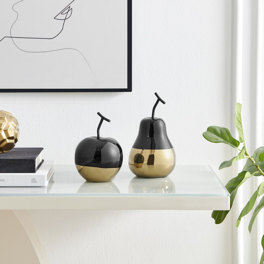 Vost Dipped Fruit Ceramic Sculpture Figure Set of 2 - Small - Black/Gold. Picture 3