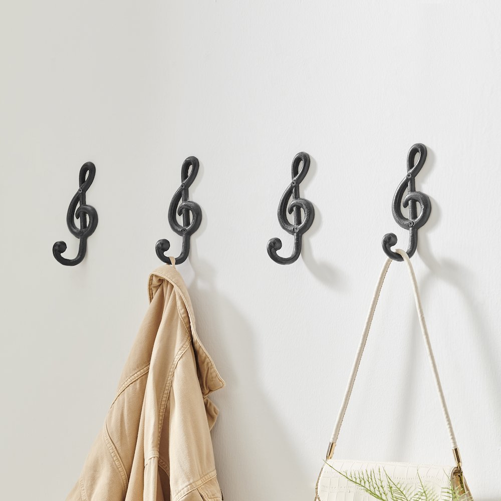 4 Piece Dark Brown Iron Musical Note Treble Clef Wall Sculpture Utility Hooks. Picture 3