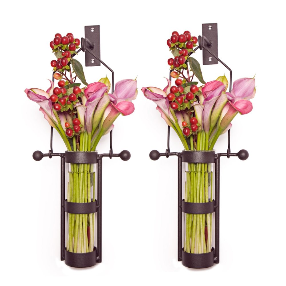Wall Mount Hanging Glass Cylinder Vase Set with Metal Cradle and Hook. Picture 1