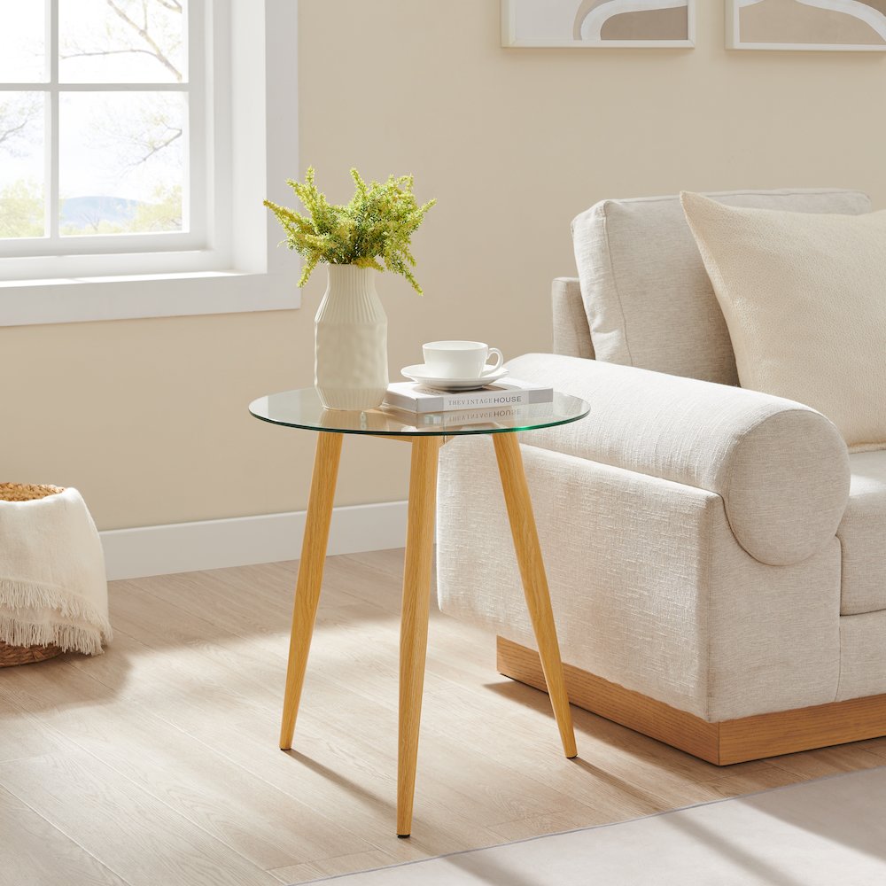 Van Beuren Side Table Modern Metal Taper Legs and Clear Glass Tabletop - Beech. Picture 4