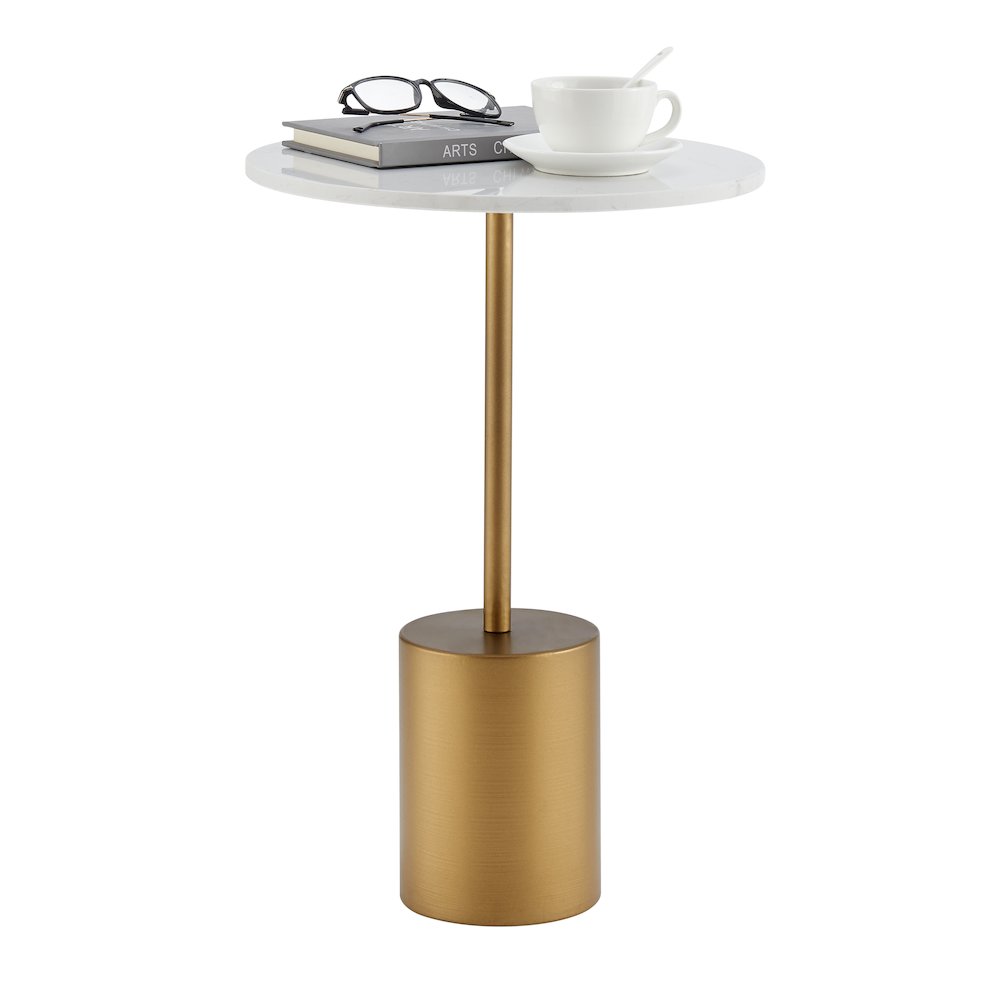 Fritz Pedestal Side Accent Table with Gold Metal Base Genuine White Marble Stone. Picture 10
