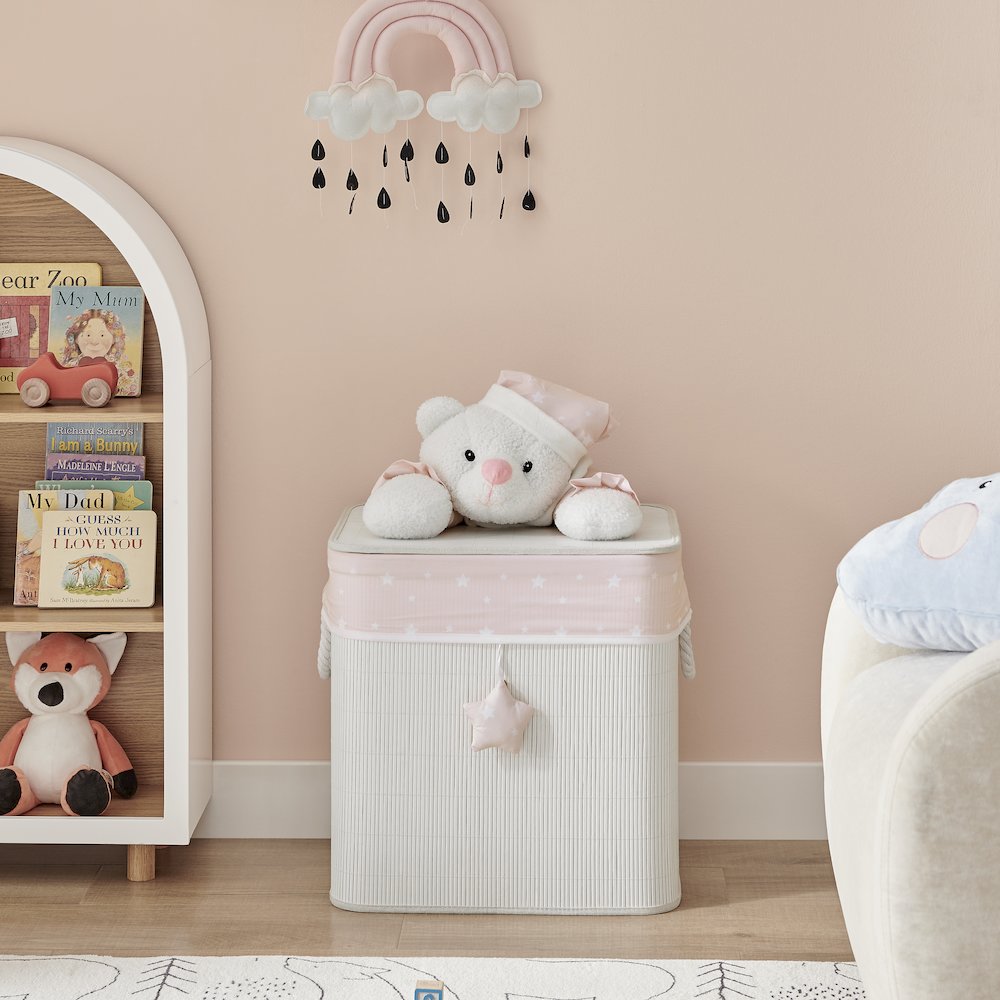 Pink/Cream Collapsible Folding Bamboo Kid Plush Laundry Hamper Sleepy Teddy Bear. Picture 2