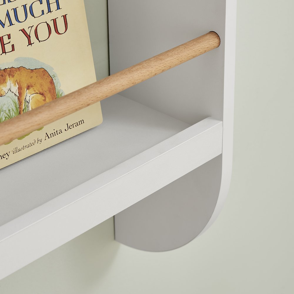 Steiner White Rounded 2-Tier Kids Book Magazine Wall Bookcase - Wood-toned Rods. Picture 10