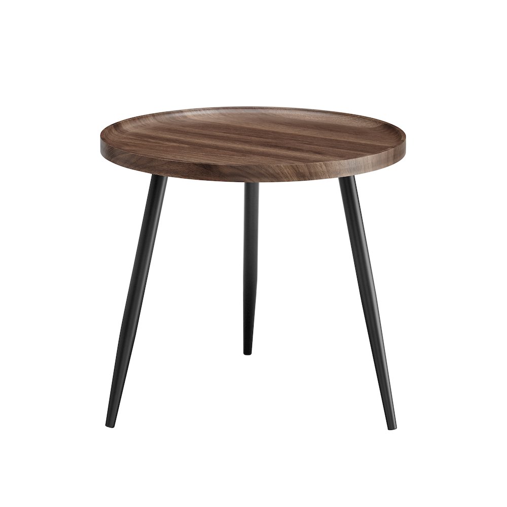 Paxton Raised Lip Edge Side Table Modern Black Metal Taper Legs - Round - Walnut. Picture 1