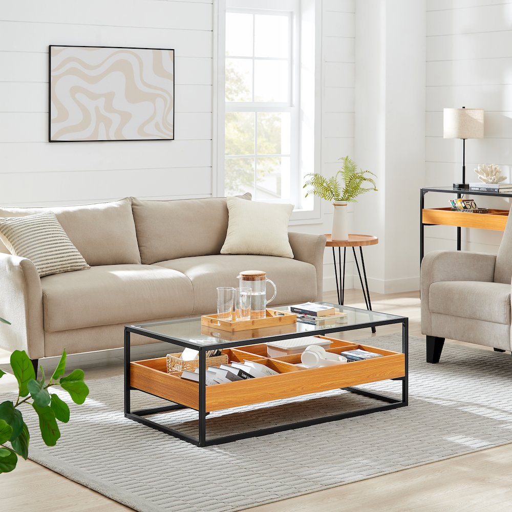 Saarinen 2-Level Glass Display Shelf Rectangle Low Coffee Table - Golden Oak. Picture 6