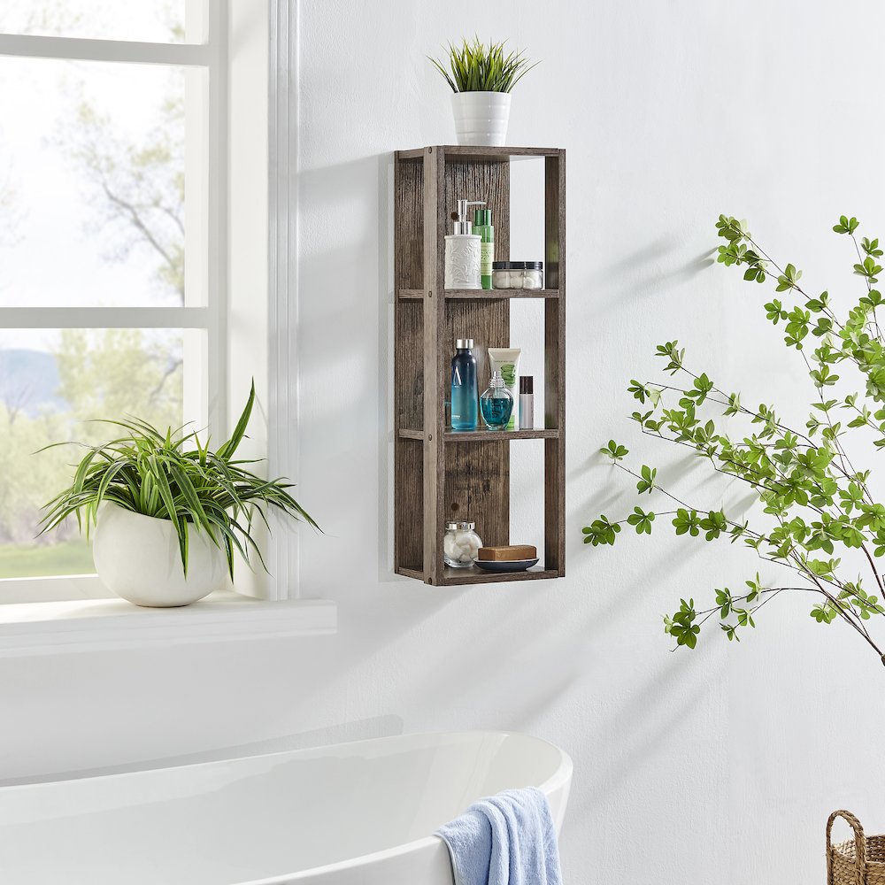 Recife Vertical Three-Tier Modern Shadow Box Cube Display Wall Shelf - Hickory. Picture 9