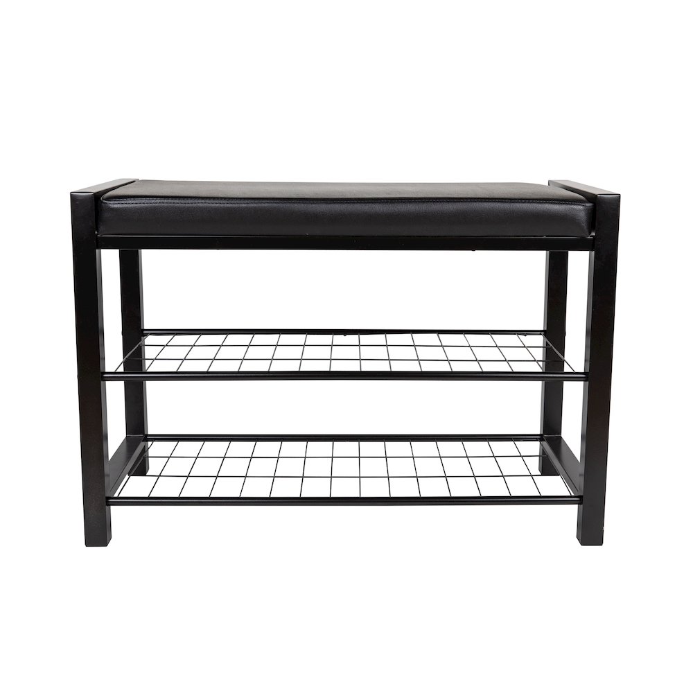 Black Leatherette Entryway Bench with Two Black Metal Shoe Racks. Picture 1